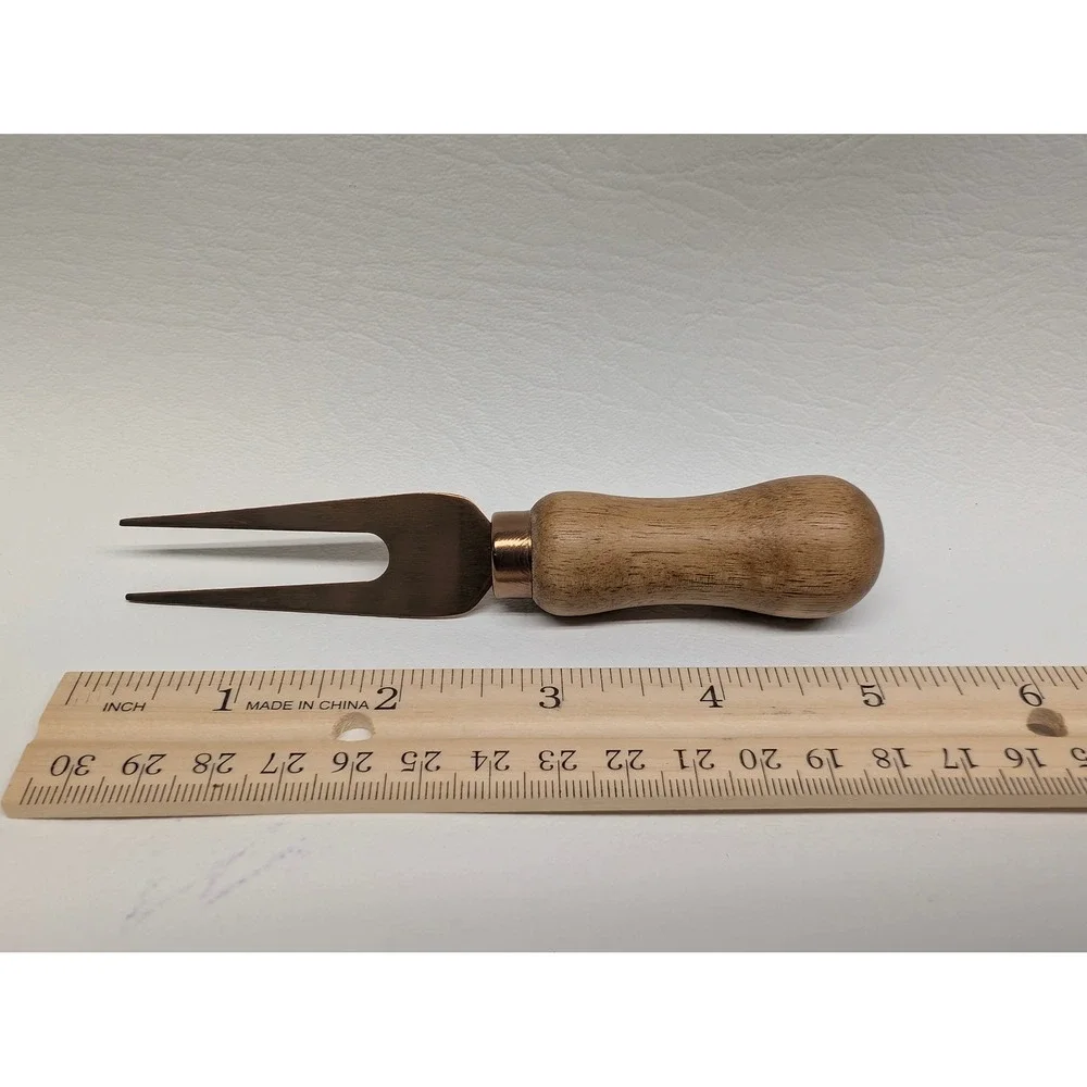 Charcuterie 2-Prong Pickle Olive Cocktail Fork Wood Handle Rose Gold Tone Prongs